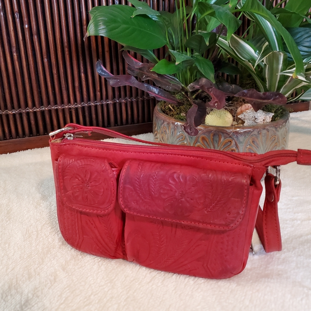 Red Leather Hand Tooled Crossbody Bag